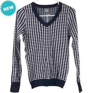NWT Worthington Sweater Women's Size XS Navy Blue Grid V Neck Long Sleeve
